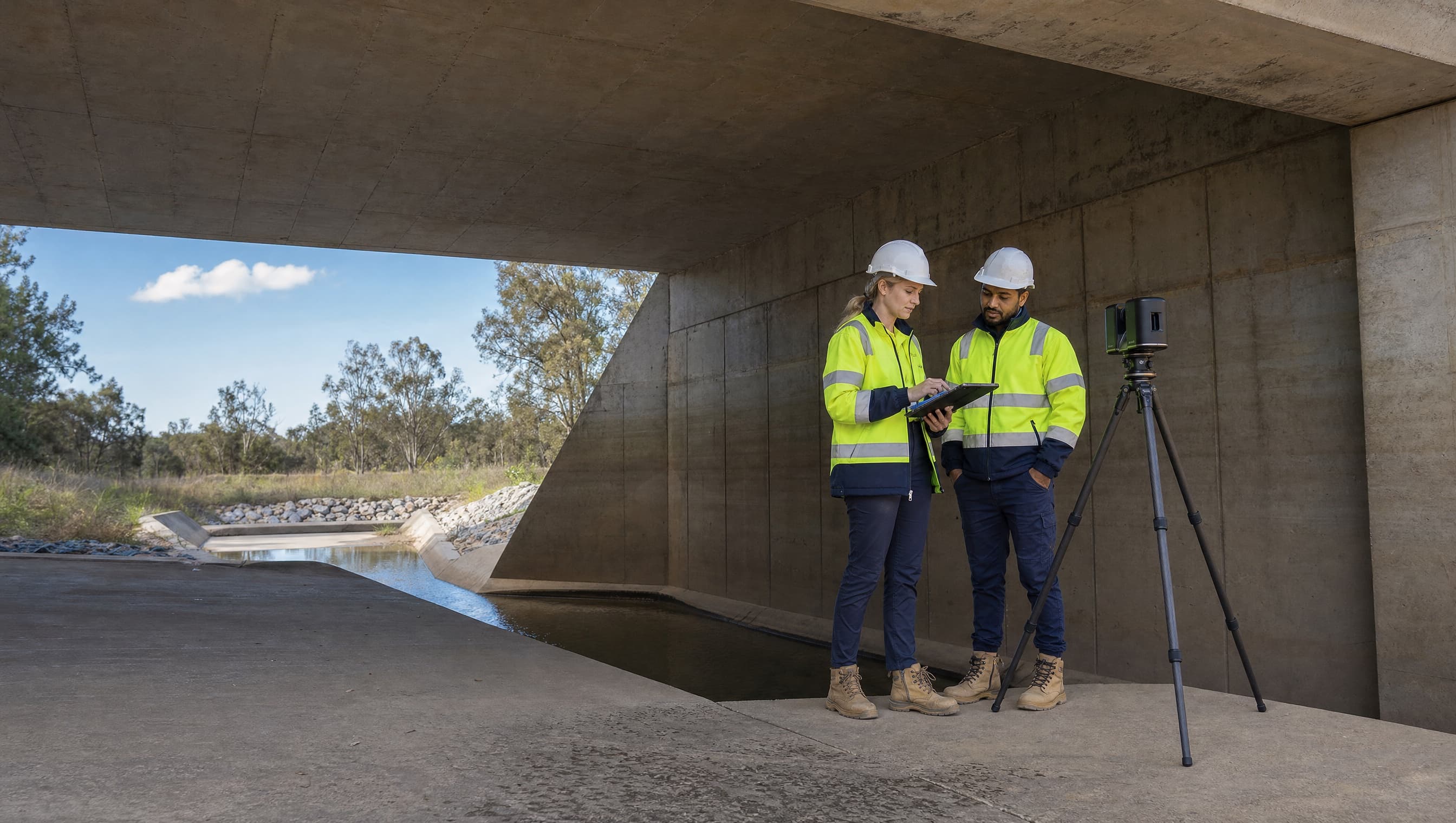 Inspectors reviewing a concrete waterway beneath a bridge.